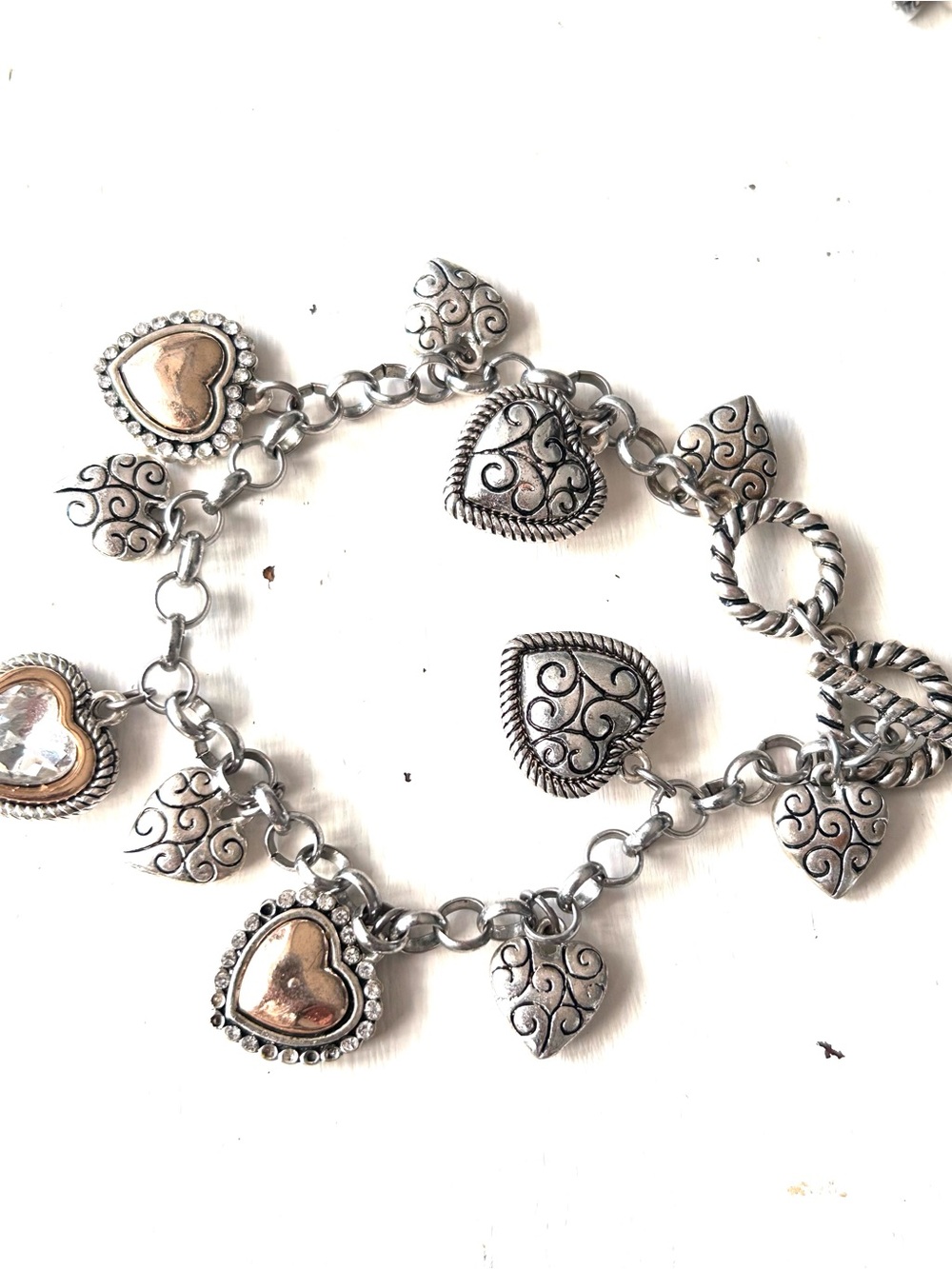 Brighton silver-plated heart charm bracelet scroll engraved and crystal charms